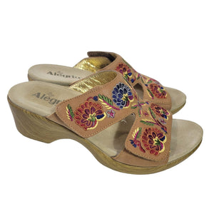 Alegria Linn Embroidered Sandals Tan Wedge Heels Leather Mules Slip On Comfort Size 10