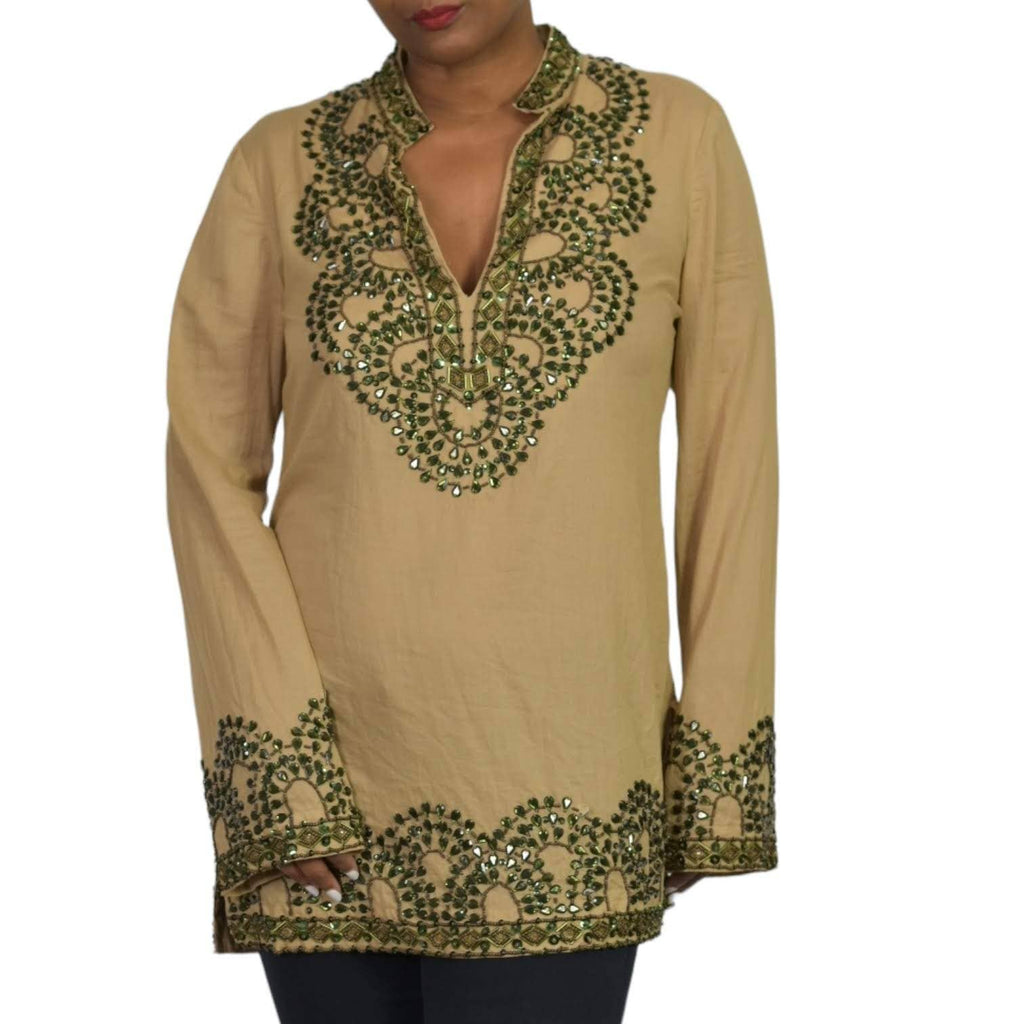 Tory Burch Beaded Embellished Tunic Shirt Tan Green Crystals Rhinestone Woven Cotton Size 10