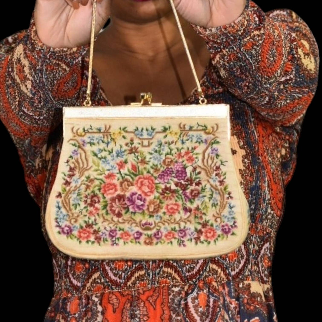 Vintage Petit Point Purse Beige Tapestry Needlepoint Multicolor Bag Cloth Retro Woven Kiss Lock Handbag