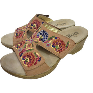 Alegria Linn Embroidered Sandals Tan Wedge Heels Leather Mules Slip On Comfort Size 10