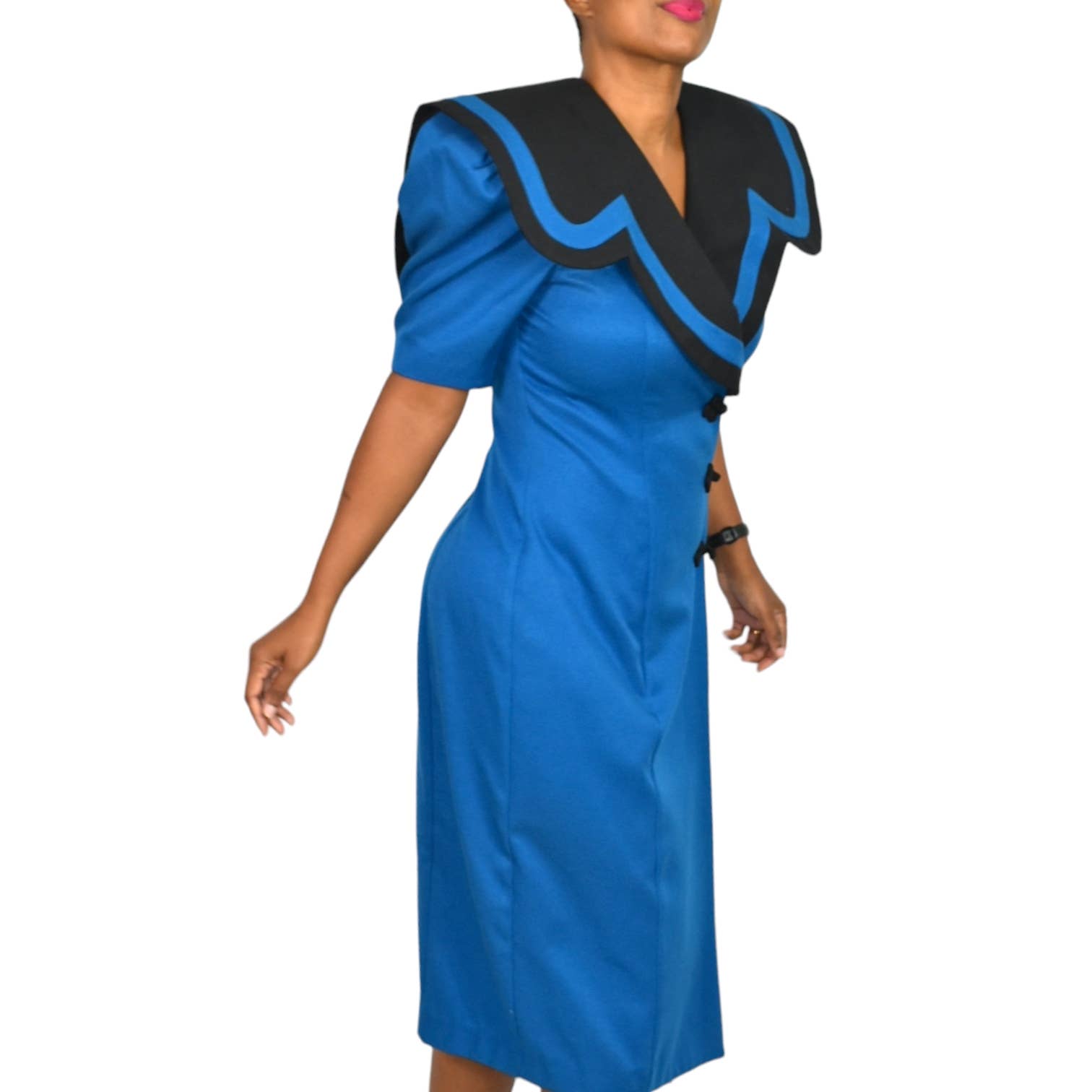 Vintage Ann Tobias Blazer Dress Blue 80s Power Suit Color Block Midi Wrap Padded Shoulder Pads Office Pilgrim Collar Size 4