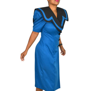 Vintage Ann Tobias Blazer Dress Blue 80s Power Suit Color Block Midi Wrap Padded Shoulder Pads Office Pilgrim Collar Size 4