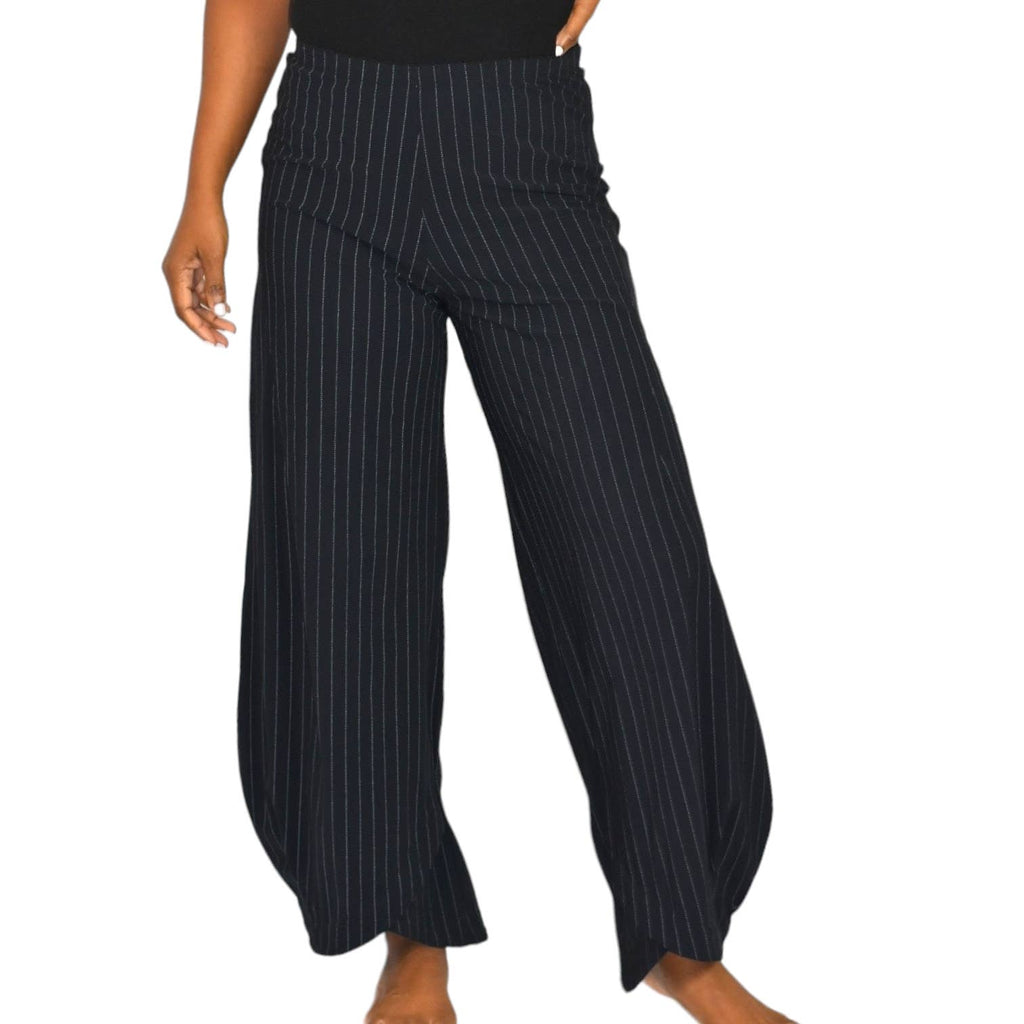 Porto Pants Black Tulip Lantern Hem Pinstripe Stripe Lagenlook Avant Garde Stretch Wide Leg Size Small