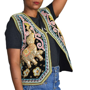 Vintage Thai Kalaga Beaded Vest Gold Thailand Burmese Tapestry Embroidery Elephants Sequins Woven Textile Art Waistcoat One Size