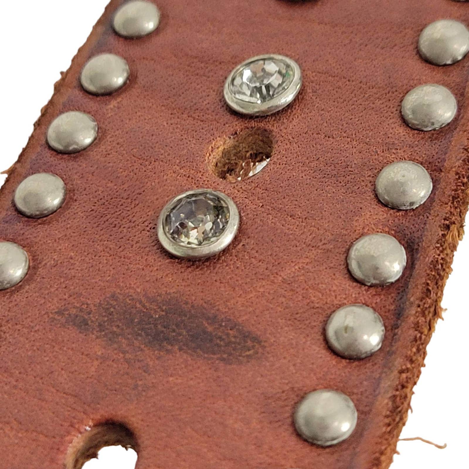 Jigsaw Brown Leather Belt Western Studs Bling Crystals Embellished Rivets Small