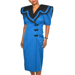 Vintage Ann Tobias Blazer Dress Blue 80s Power Suit Color Block Midi Wrap Padded Shoulder Pads Office Pilgrim Collar Size 4
