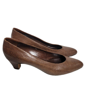 Vintage Bottega Veneta Heels Brown Pumps Snakeskin Embossed Leather Round Toe Bow Size 8.5 AA Narrow