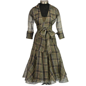 Diane von Furstenberg Bauer Dress Green Wrap Plaid Silk Long Sleeve Chiffon Size 2