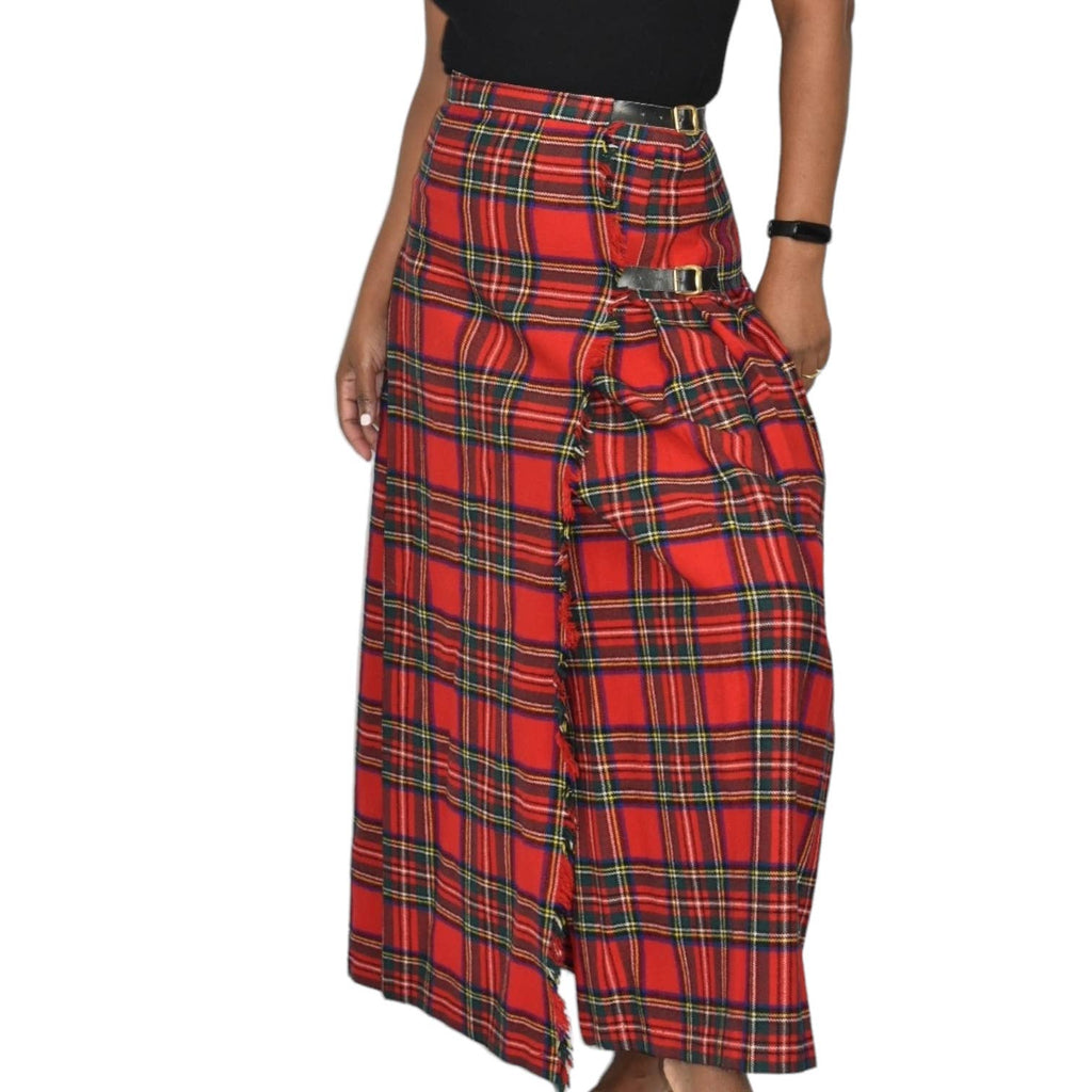 Vintage Tartan Maxi Skirt Red Plaid El Corte Ingles Check Kilt Pleats Wrap Wool Size 14 Girls