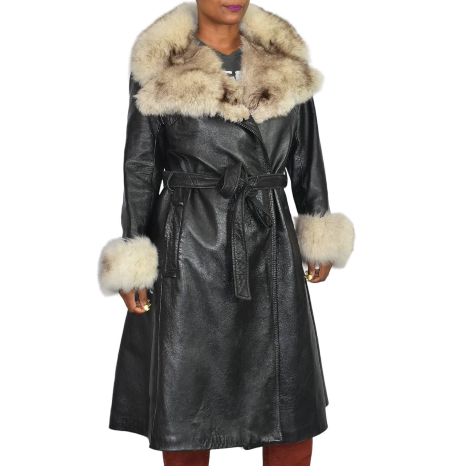 Vintage Penny Lane Coat Black Leather Trench Fur Trim Long Midi Wrap Size Medium