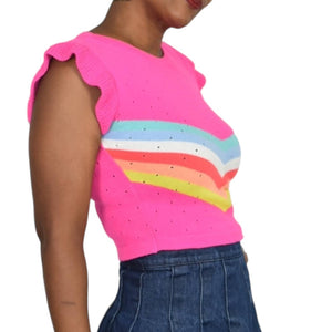 Pink Pointelle Sweater Vest Ruffle Flutter Sleeve Chevron Rainbow Color Block Size Small