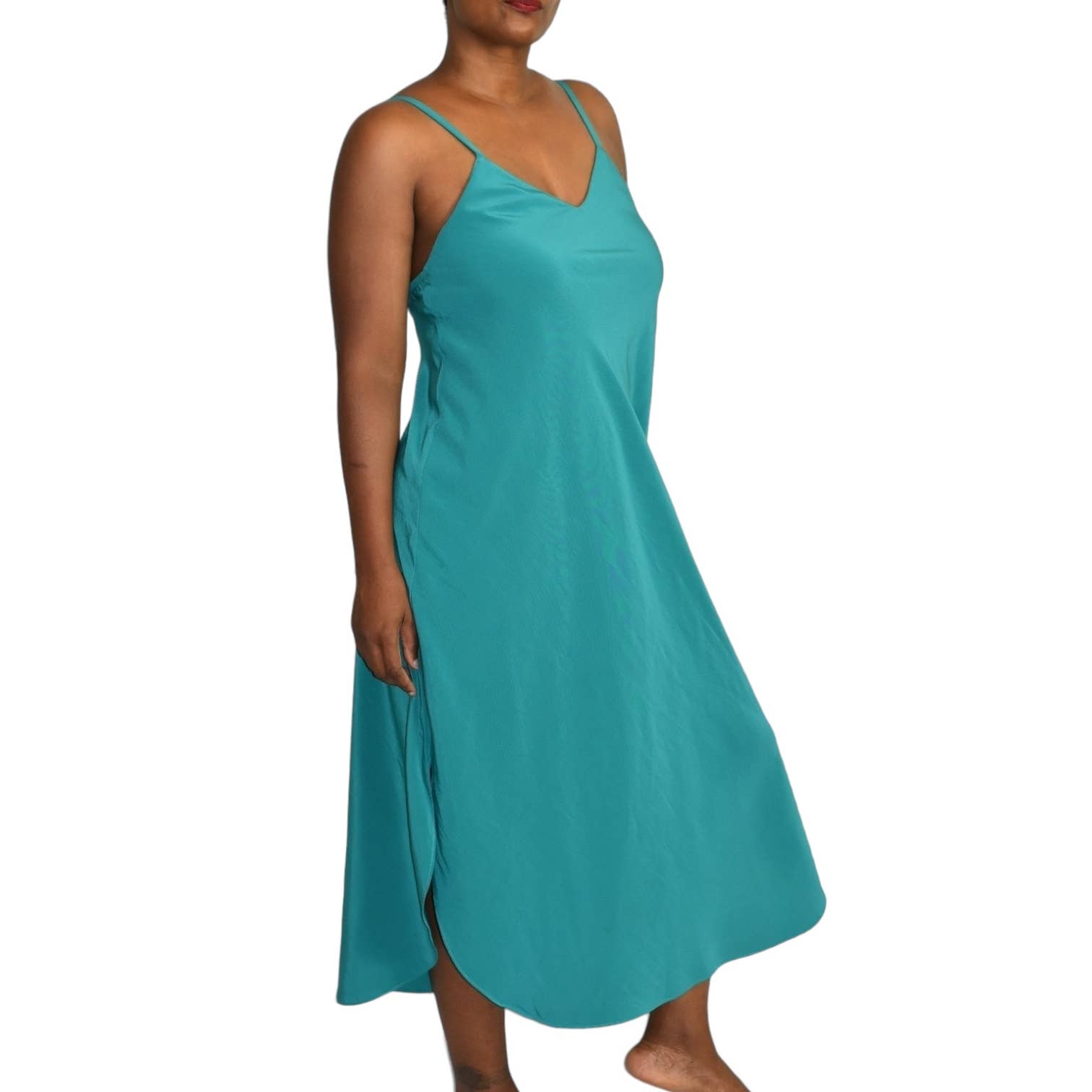 Vintage Natori II Nightgown Green Teal Silky Satin Slipdress Midi Side Slits Size Small