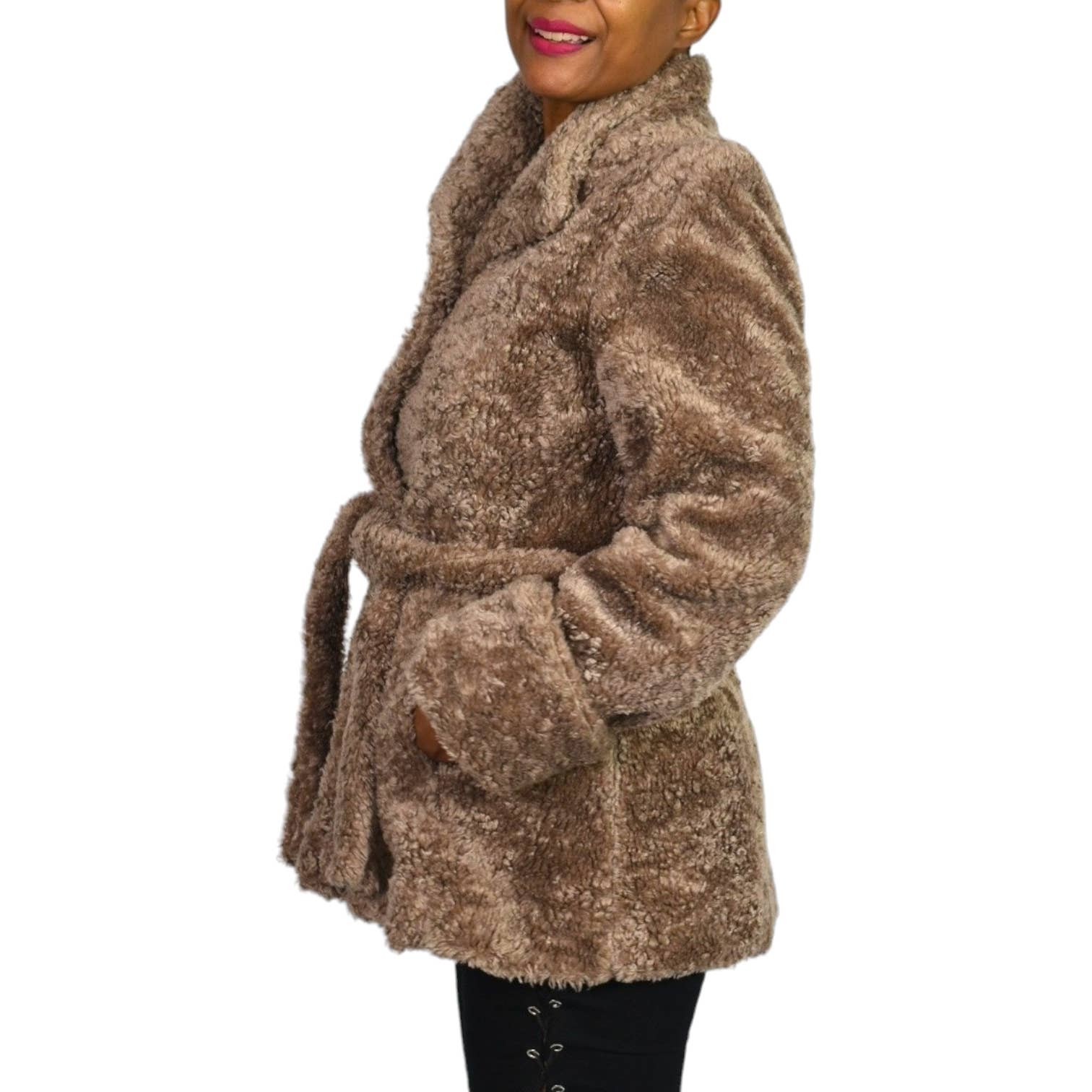 Vintage Sears Teddy Bear Jacket Tan Brown Fuzzy Curly Pile Faux Fur Belted Sherpa Size Small