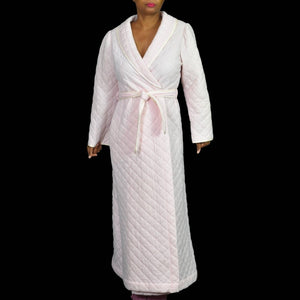 Vintage Quilted Robe Pink Candy Stripe Wrap Belted Komar USA Maxi Country Size Large