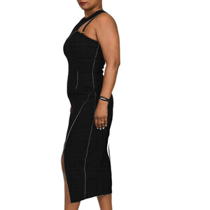 Country Road Midi Dress Black Bodycon Fitted Stretch Sculpted Column Slit Size XS