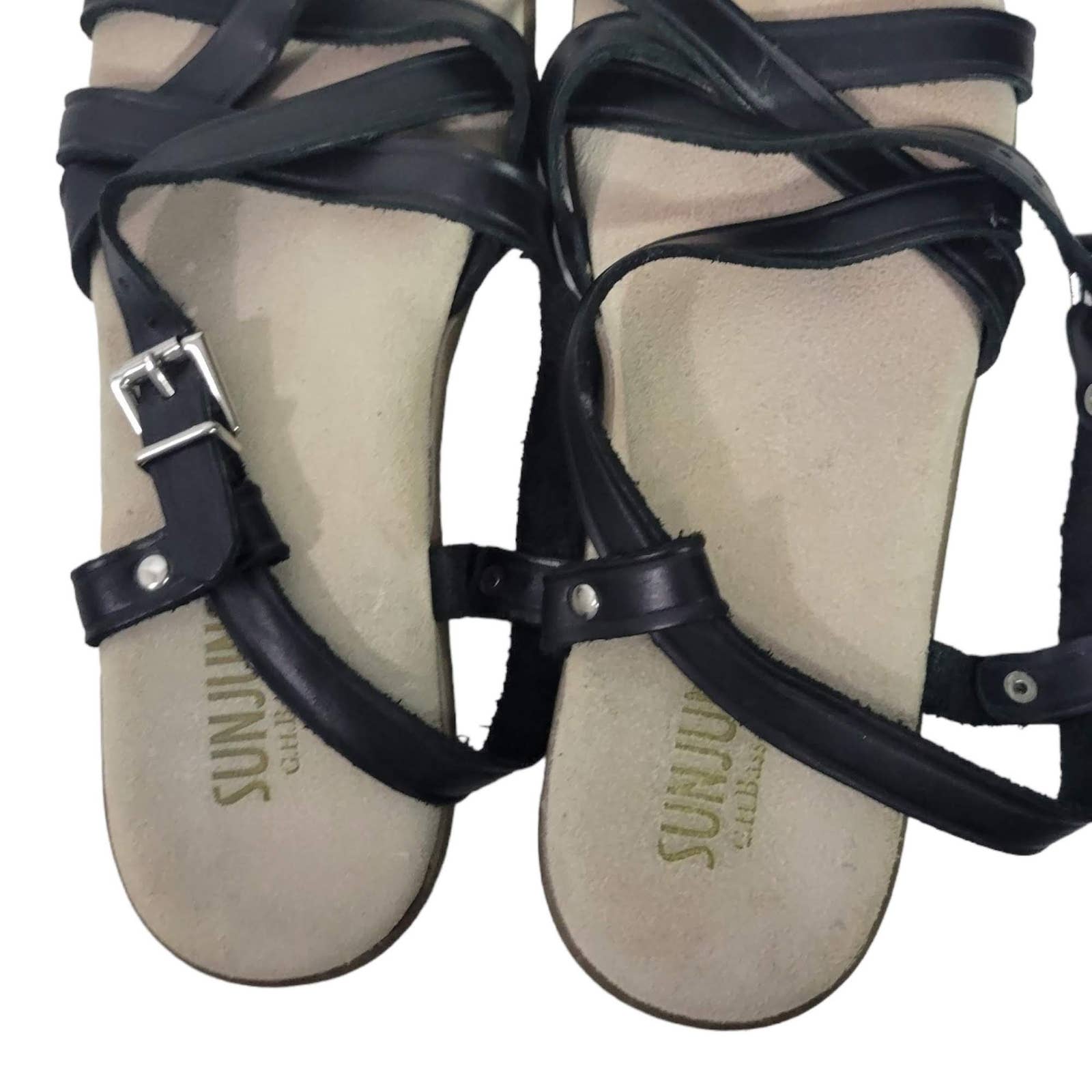 Bass Margie Sunjuns Black Sandals Leather Adjustable Strap Flats Padded Size 5.5