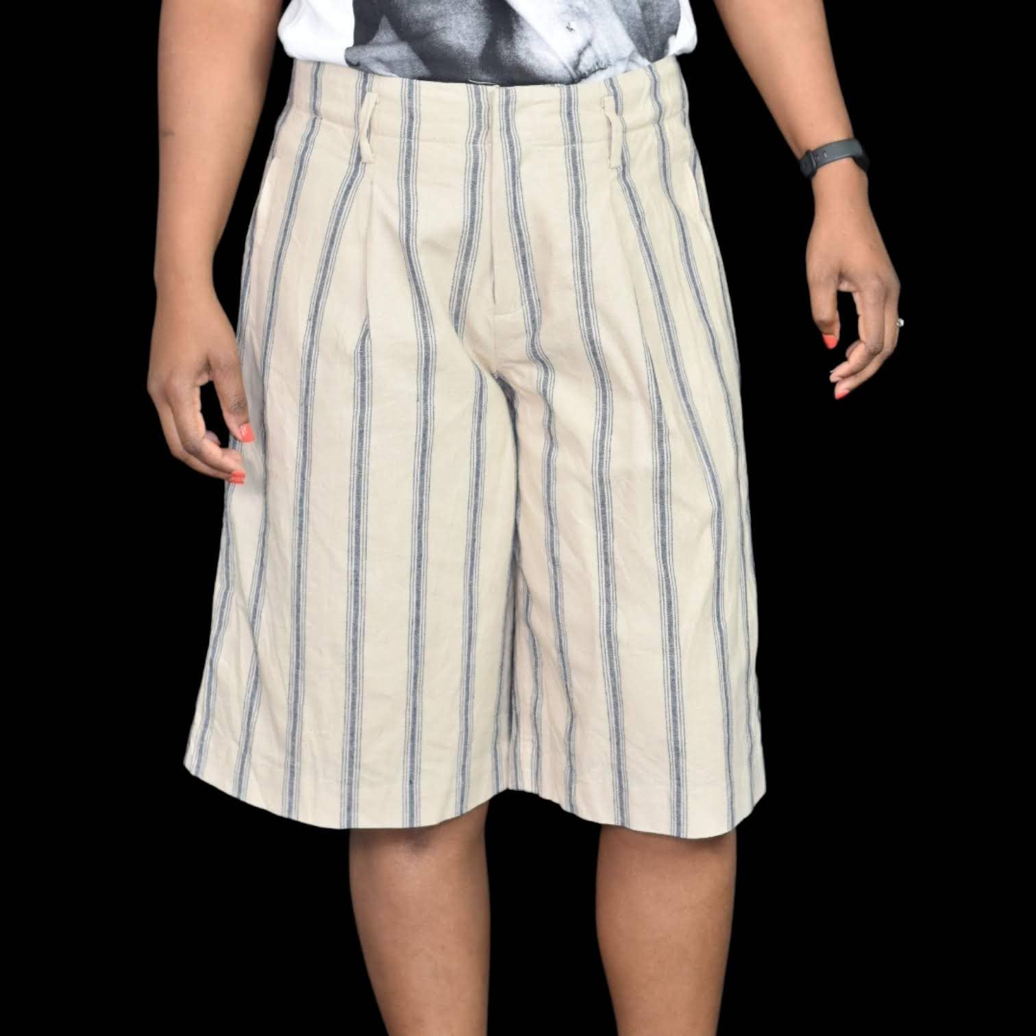 A Loves A Khaki Striped Shorts Tan High Waist Long Wide Leg Bermuda Linen Size 4