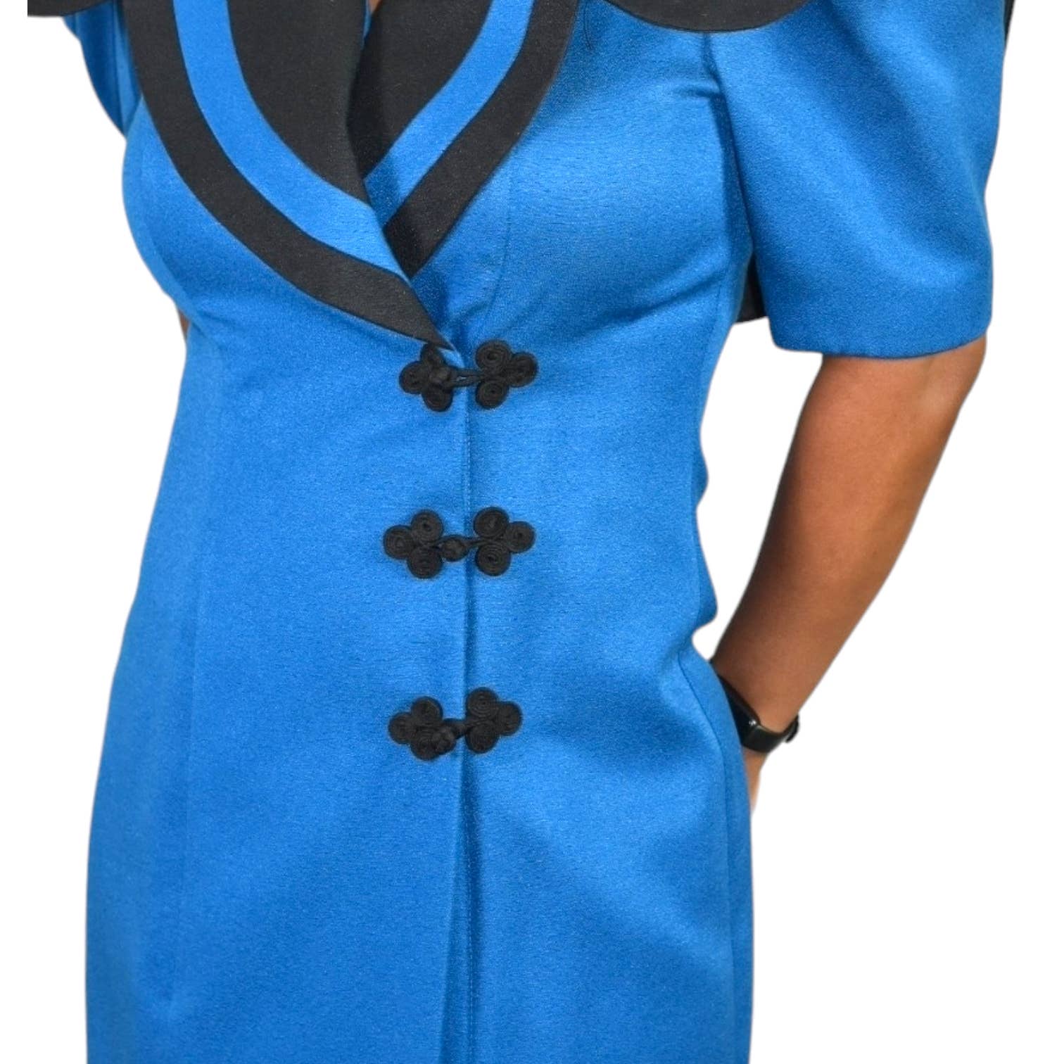 Vintage Ann Tobias Blazer Dress Blue 80s Power Suit Color Block Midi Wrap Padded Shoulder Pads Office Pilgrim Collar Size 4