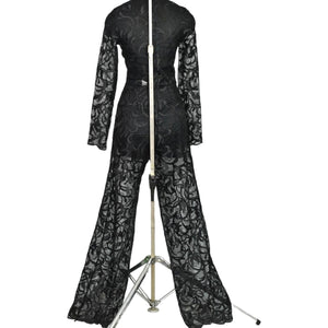 Black Lace Jumpsuit Sheer High Neck Scalloped Mesh Long Sleeves Straight Leg Size XS