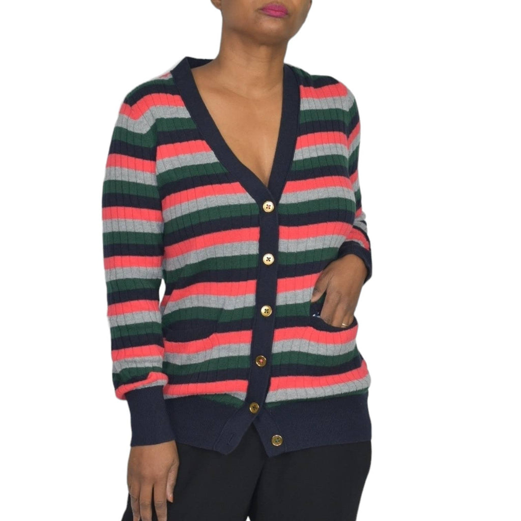 Moth Jamison Cardigan Blue Multicolor Striped Anthropologie V Neck Sweater Size XS
