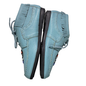 Vintage Fringe Moccasins Blue Leather Beaded Thunderbird Shooties Ankle Boots Size 8.5