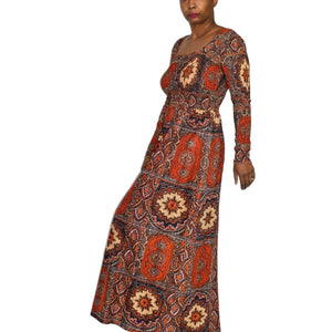 Vintage Denise L Dress Brown Smocked Hippie Abstract Psychedelic Paisley Mandala Print Maxi 70s Size Small