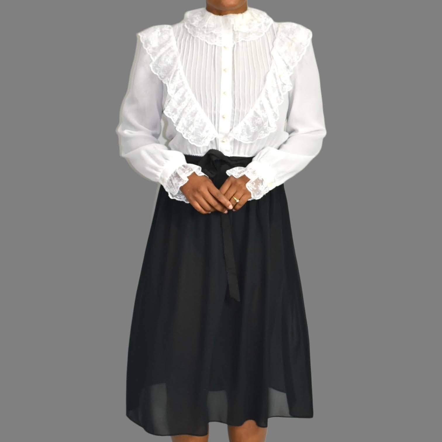 Vintage Act I Victorian Dress White Black Ruffle Lace Size Small Midi Prairie 80s USA Size Small