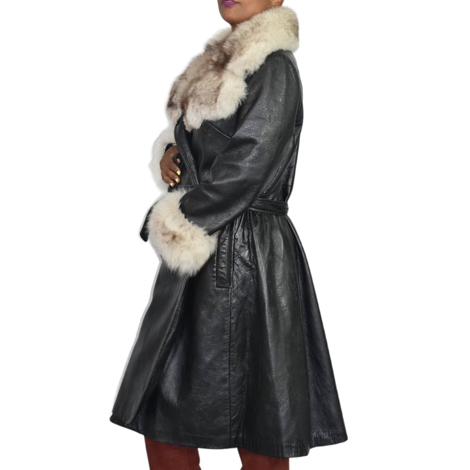 Vintage Penny Lane Coat Black Leather Trench Fur Trim Long Midi Wrap Size Medium