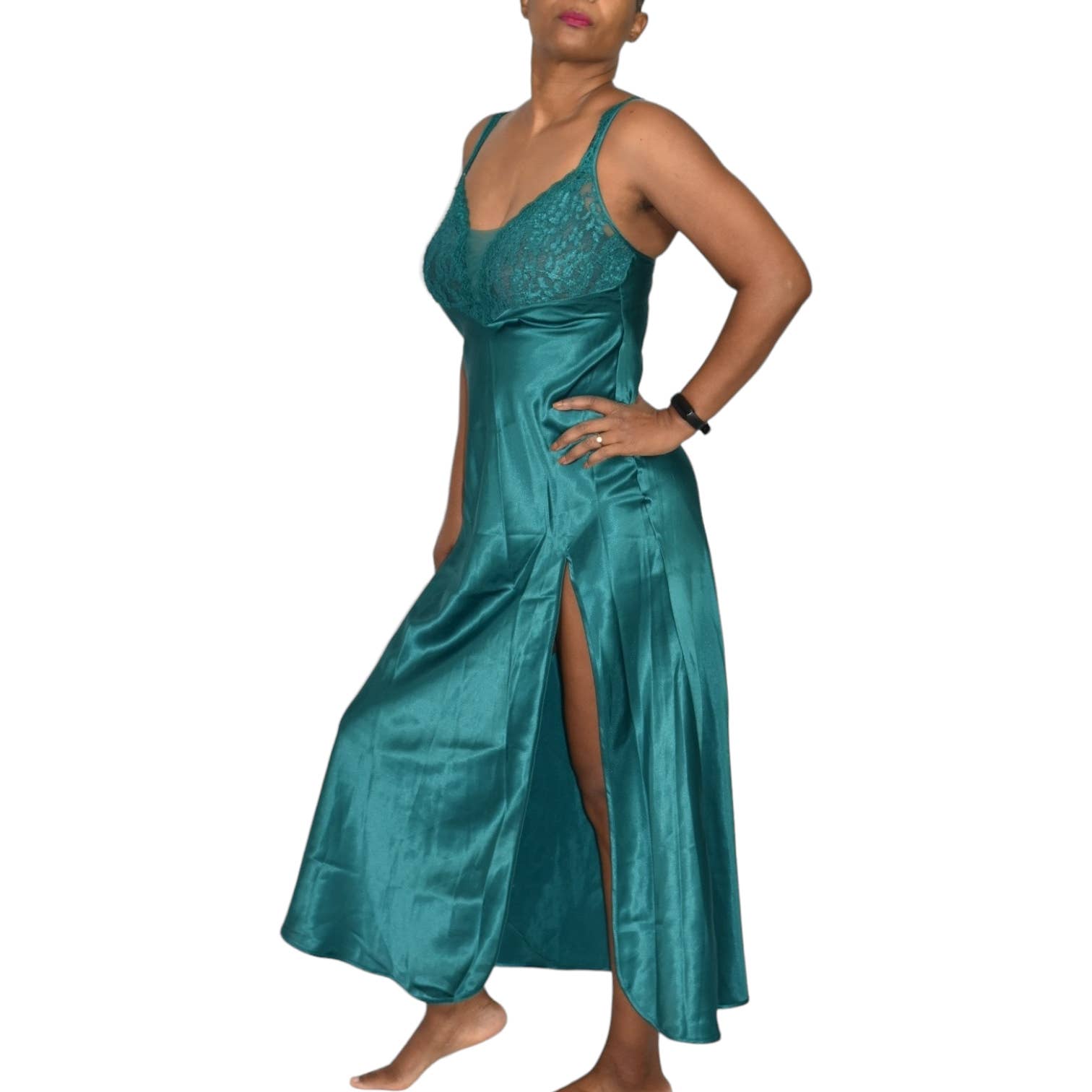 Vintage Victorias Secret Satin Nightgown Green Mesh Lace Long Maxi Slip High Slit Gold Label Size XS