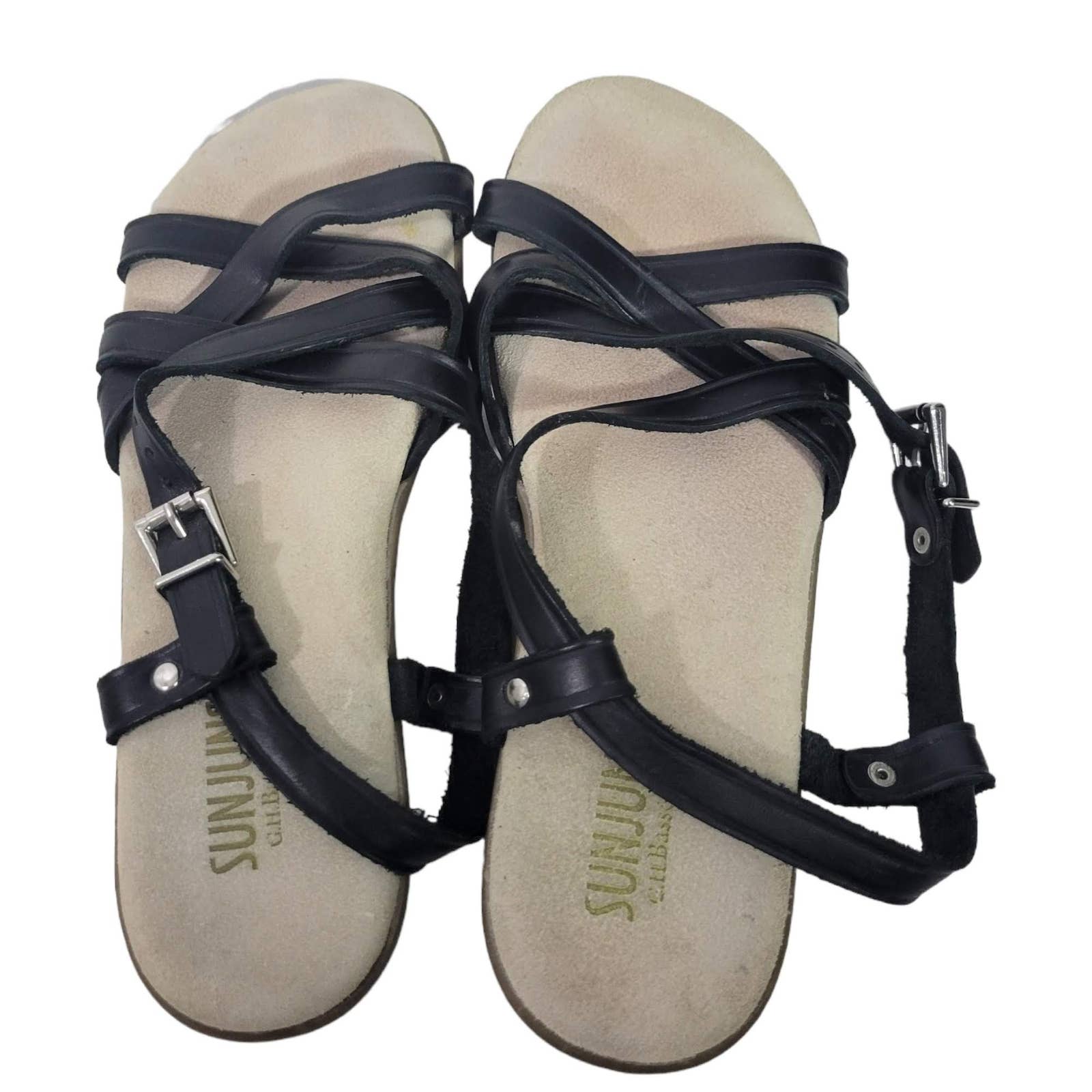 Bass Margie Sunjuns Black Sandals Leather Adjustable Strap Flats Padded Size 5.5