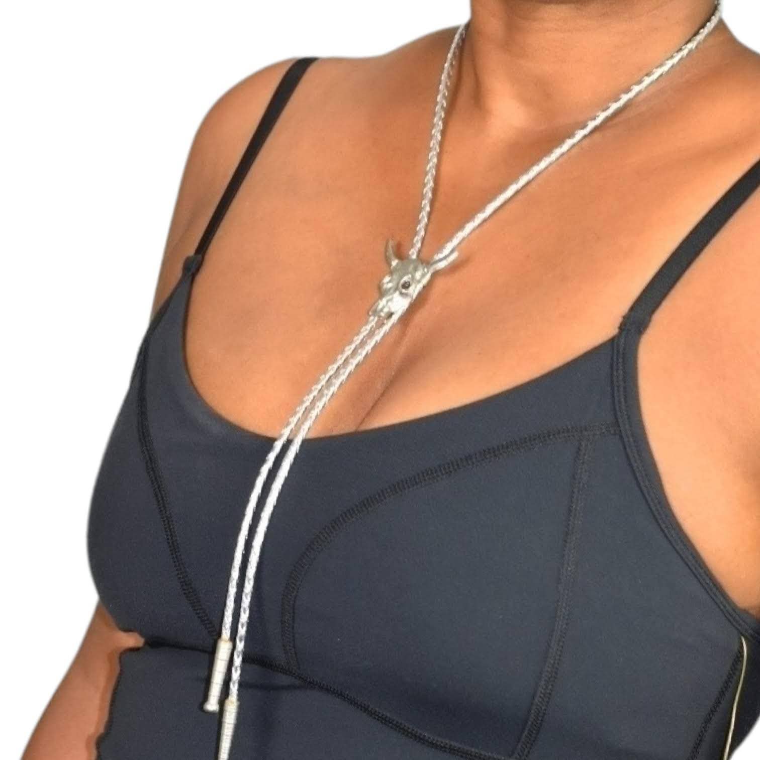 Bull Skull Bolo Tie Silver Braided Lariat Necklace Western Steer Cowboy Longhorn Corded Unisex