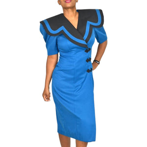 Vintage Ann Tobias Blazer Dress Blue 80s Power Suit Color Block Midi Wrap Padded Shoulder Pads Office Pilgrim Collar Size 4