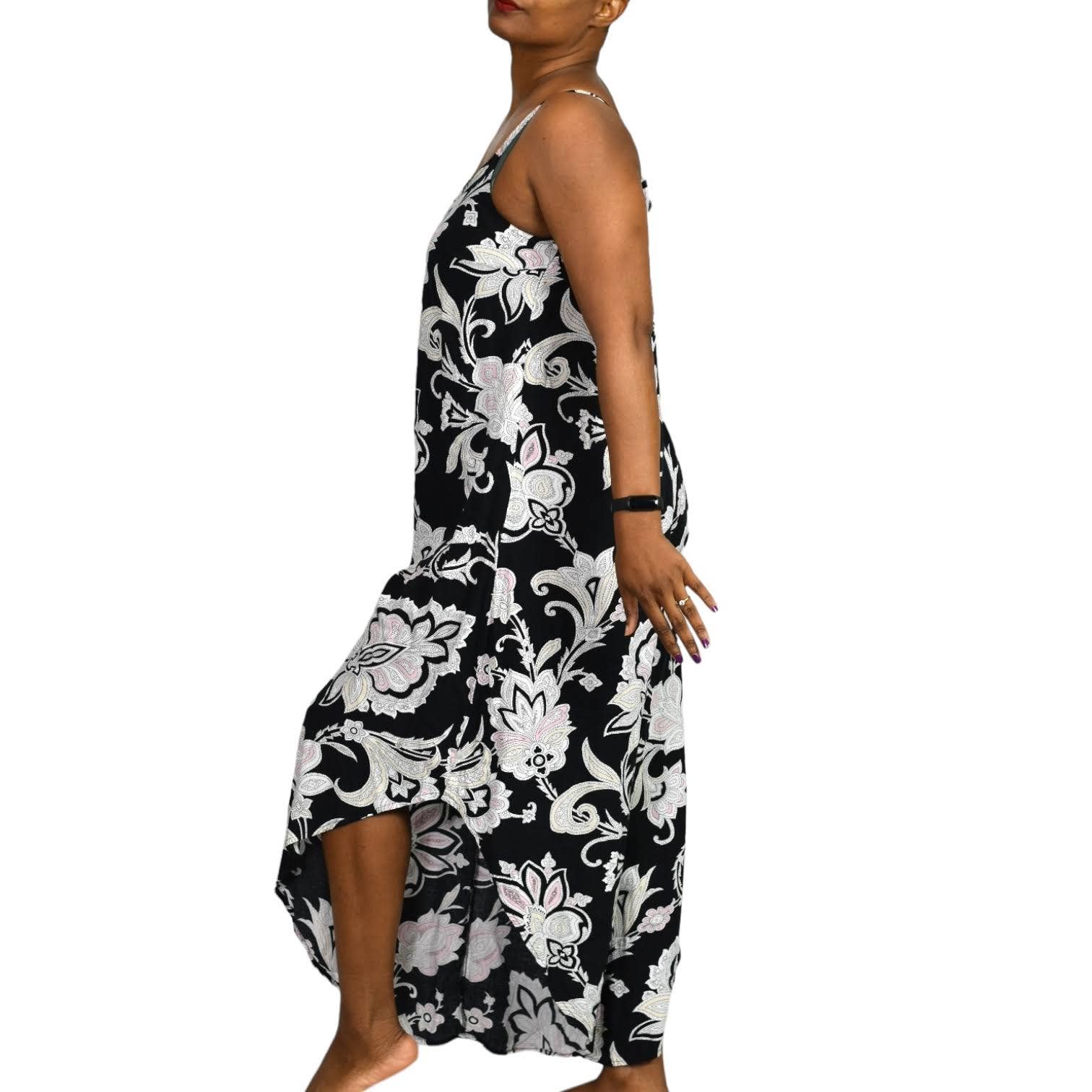 Sack Jumpsuit Wide Leg Black Printed Lattice Back Asymmetric Sleeveless Capri Size Medium