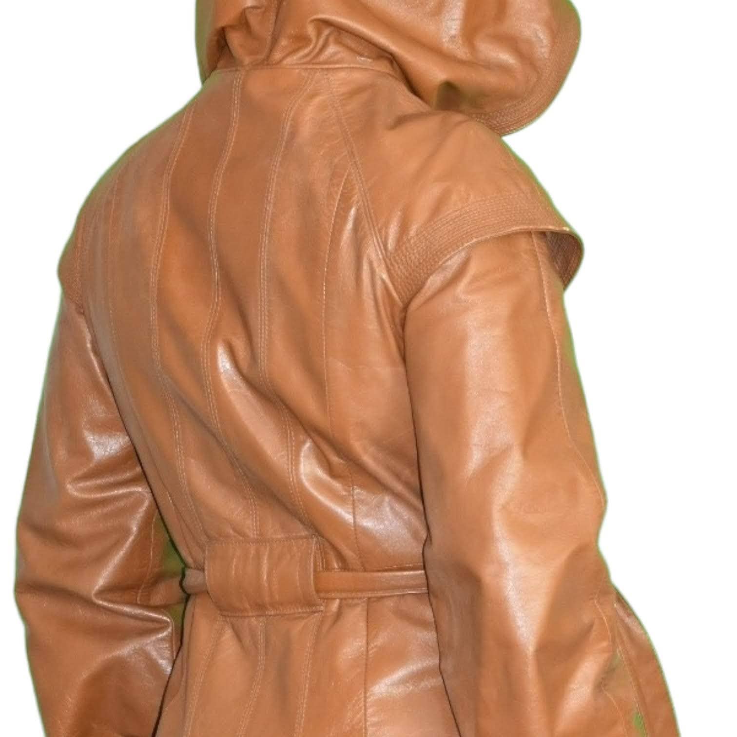 Leather Trench Coat Tan Brown Vintage Long Midi Hooded 80s Minimalist Size Small