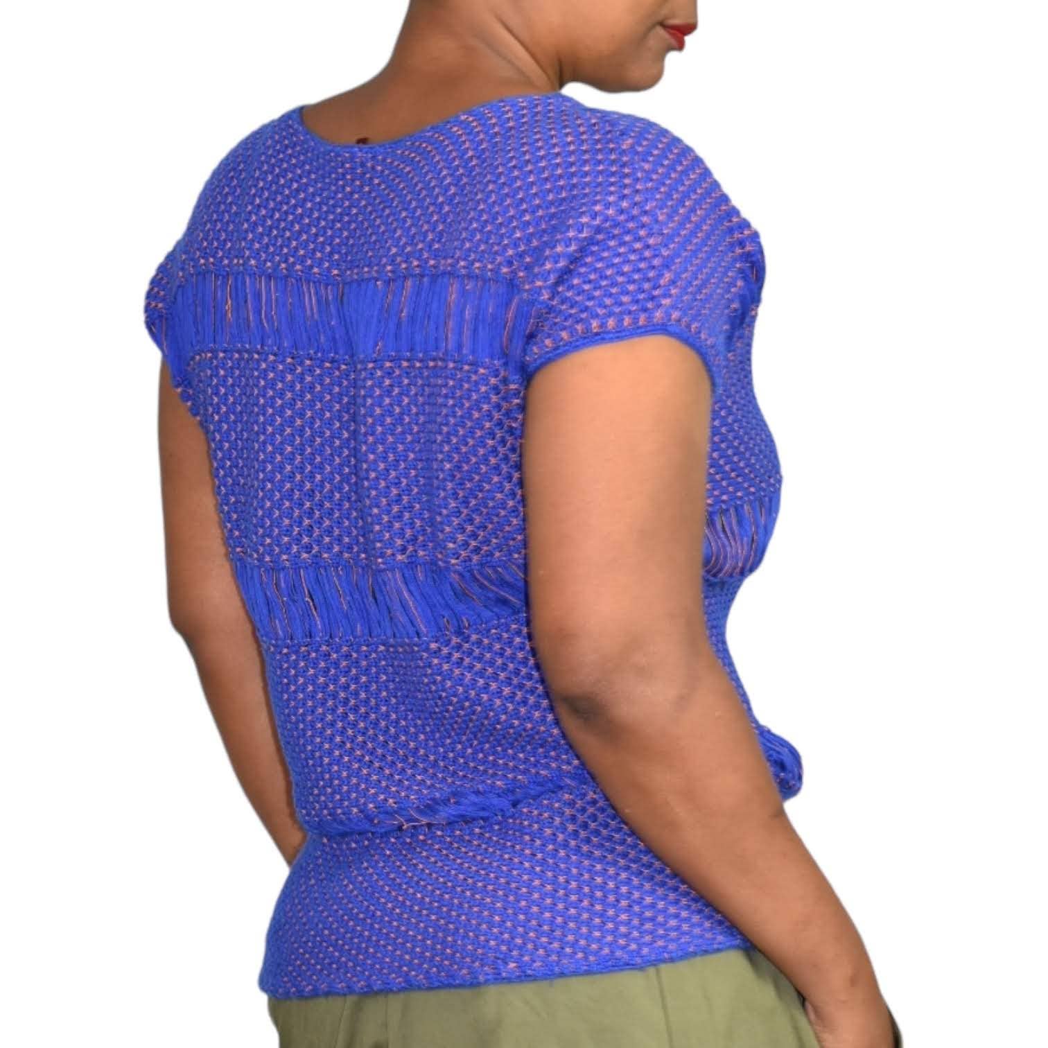 Comptoir Des Cotonniers Top Knit Crochet Sweater Blue Short Sleeve Woven Jumper Size Small