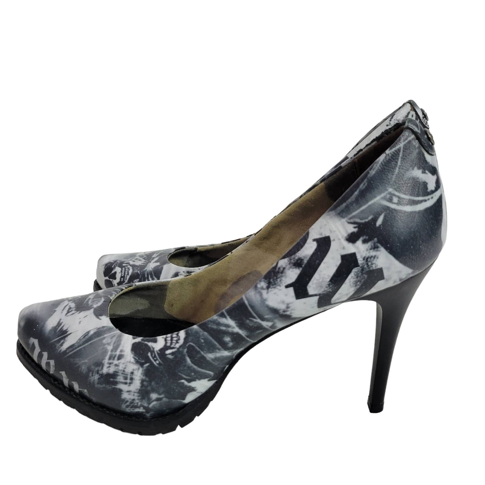 Madre Skull Heels Black White Printed Skeleton Graffiti Tattoo Stiletto Lug Sole Pumps Size 9