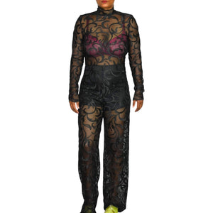 Black Lace Jumpsuit Sheer High Neck Scalloped Mesh Long Sleeves Straight Leg Size XS