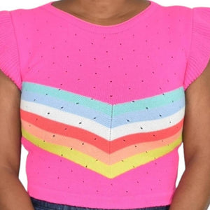 Pink Pointelle Sweater Vest Ruffle Flutter Sleeve Chevron Rainbow Color Block Size Small