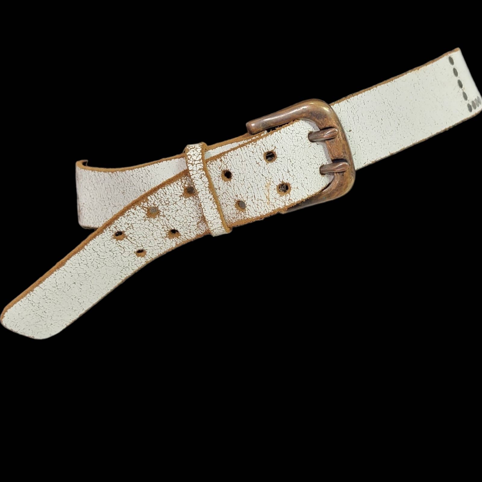 Les Temps Des Cerises White Belt Crackled Leather Studded Branded Double Prong Size Medium