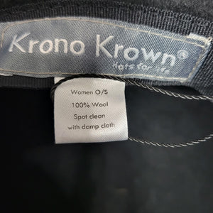 Krono Krown Wool Hat Black Felt Winter Fashion Bowler Cloche Brim Adjustable One Size