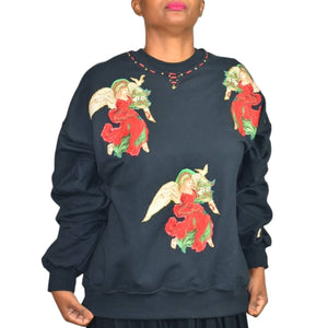 Christmas Angels Sweatshirt Black Homemade Painted Fruit of the Loom DIY Holiday Festive Size XL