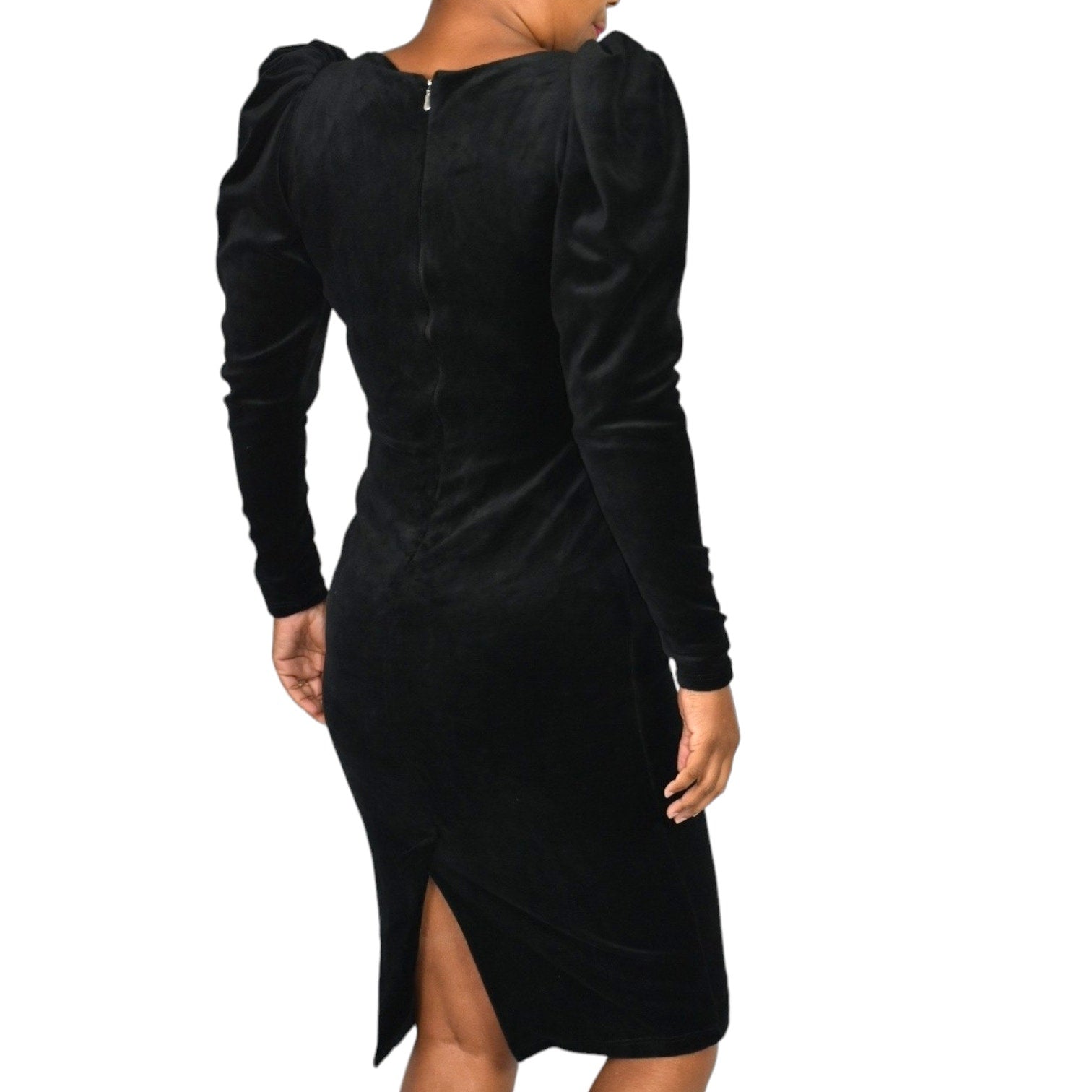 La Femme En Noir Sleepy Hollow Gothic Tales Dress Black Wiggle Velour Bodycon Puff Sleeve Size XS