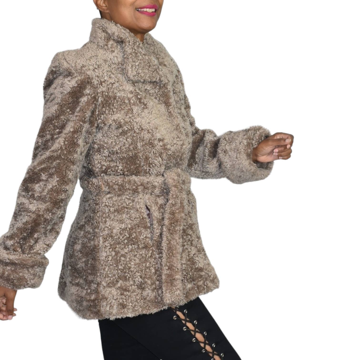Vintage Sears Teddy Bear Jacket Tan Brown Fuzzy Curly Pile Faux Fur Belted Sherpa Size Small