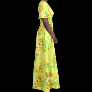 Vintage Royal Hawaiian Dress Yellow Maxi Tiki A Line Bohemian 70s Tropical Size XXS