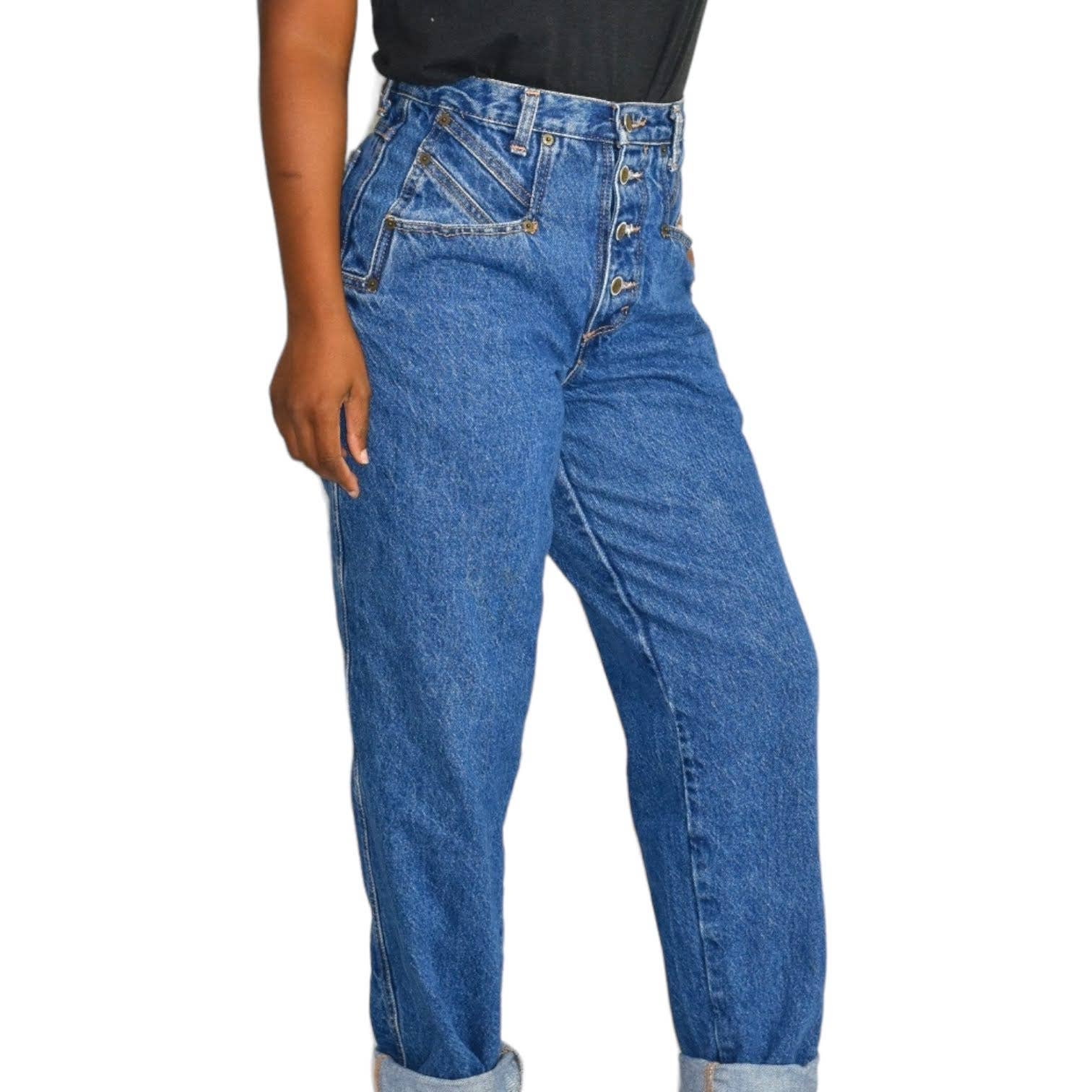 Vintage Zena Jeans Blue Button Fly Barrel Leg Baggy Rigid Cotton High Waist Size 27