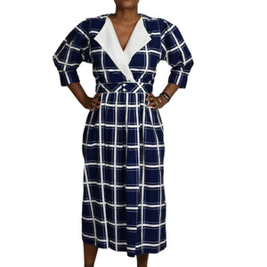 Vintage Lanz Originals Midi Dress Blue Windowpane Check Print 80s Retro Size 6