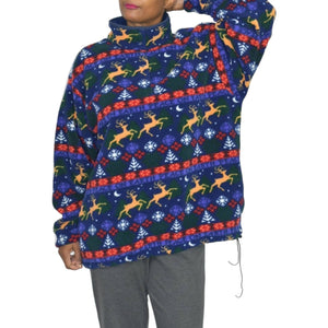 Vintage LL Bean Fleece Sweater Blue Christmas Reindeer Peace on Earth Fair Isle Snap Pullover Size XL