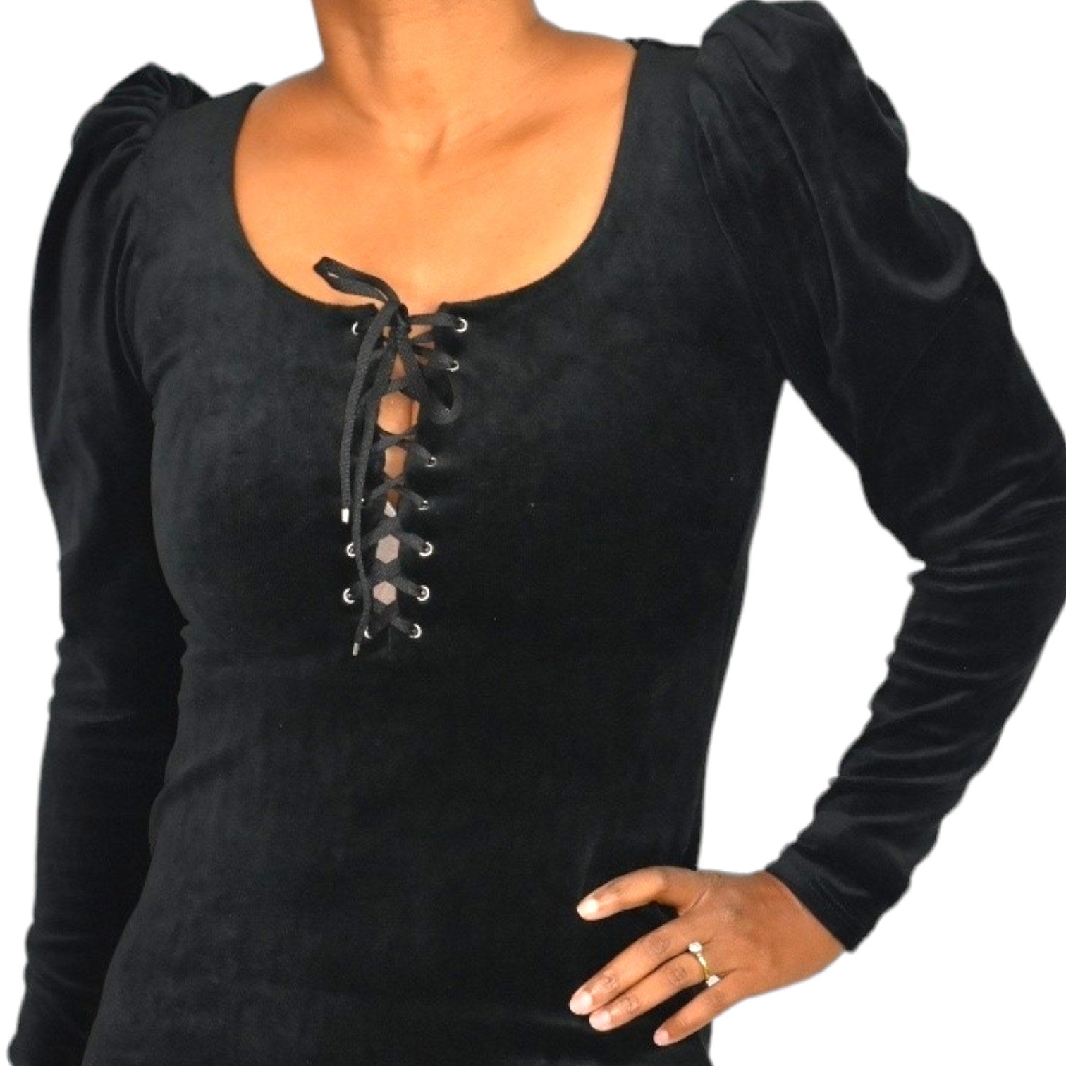 La Femme En Noir Sleepy Hollow Gothic Tales Dress Black Wiggle Velour Bodycon Puff Sleeve Size XS