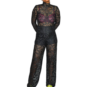 Black Lace Jumpsuit Sheer High Neck Scalloped Mesh Long Sleeves Straight Leg Size XS