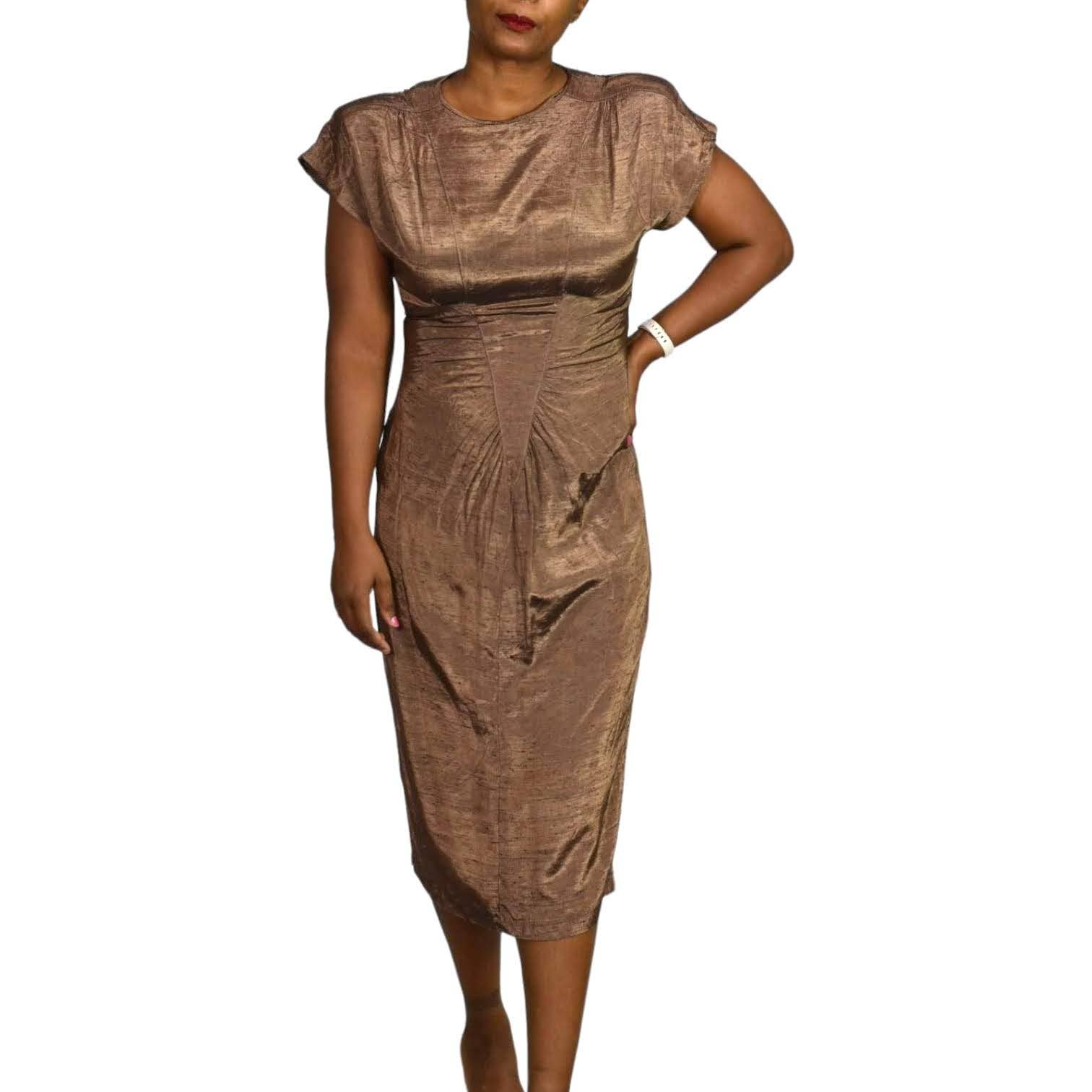 All That Jazz Dress Vintage Brown Bronze Metallic Shimmer 90s Slim Fitted Column Midi Size Small